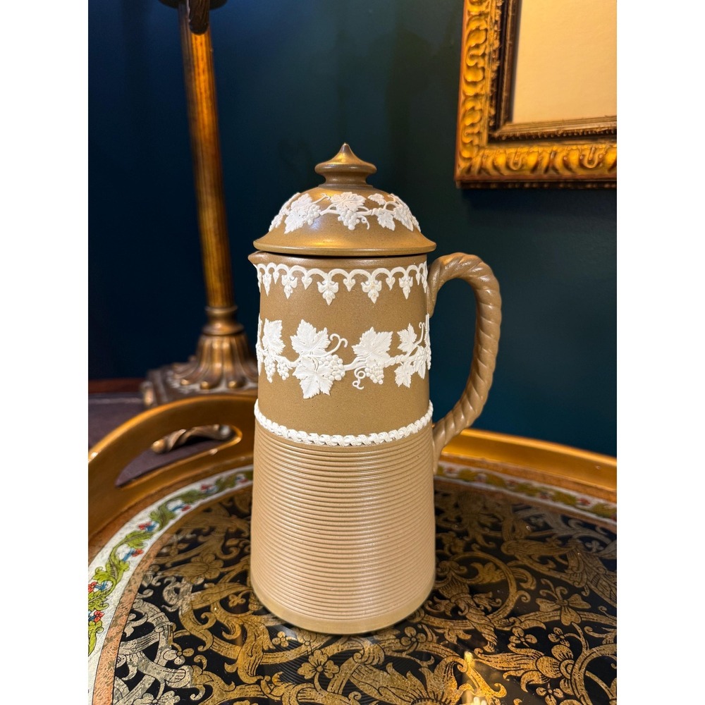 Antique Ridgway Dublin 1442 Tall Coffee Pot – Brown Jasperware with White Relief